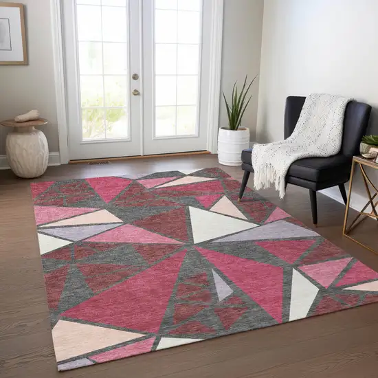 Burgundy Pink And Charcoal Geometric Washable Indoor Outdoor Area Rug Photo 9