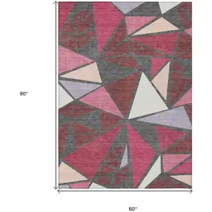 Photo of Burgundy Pink And Charcoal Geometric Washable Indoor Outdoor Area Rug