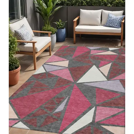 Burgundy Pink And Charcoal Geometric Washable Indoor Outdoor Area Rug Photo 1