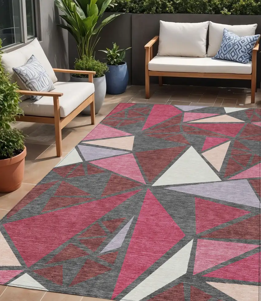 Burgundy Pink And Charcoal Geometric Washable Indoor Outdoor Area Rug Photo 1