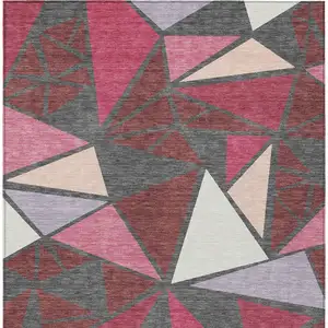 Photo of Burgundy Pink And Charcoal Geometric Washable Indoor Outdoor Area Rug