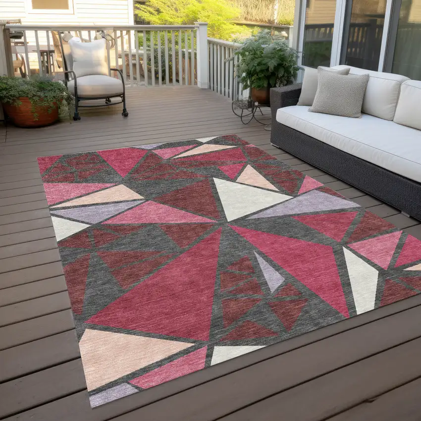 Burgundy Pink And Charcoal Geometric Washable Indoor Outdoor Area Rug Photo 9