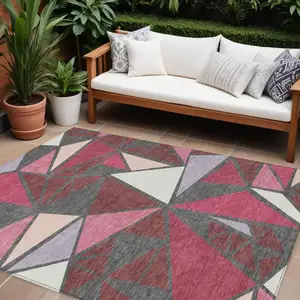 Photo of Burgundy Pink And Charcoal Geometric Washable Indoor Outdoor Area Rug