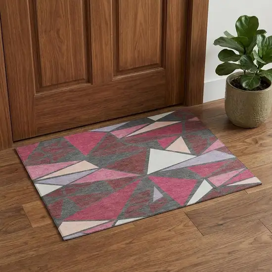 Burgundy Pink And Ivory Geometric Washable Area Rug With UV Protection Photo 1