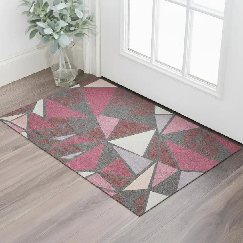 Burgundy Pink And Ivory Geometric Washable Area Rug With UV Protection Photo 2