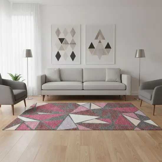 Burgundy Pink And Ivory Geometric Washable Area Rug With UV Protection Photo 2