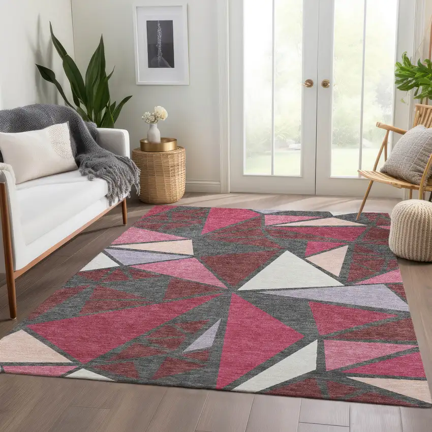 Burgundy Pink And Ivory Geometric Washable Area Rug With UV Protection Photo 5
