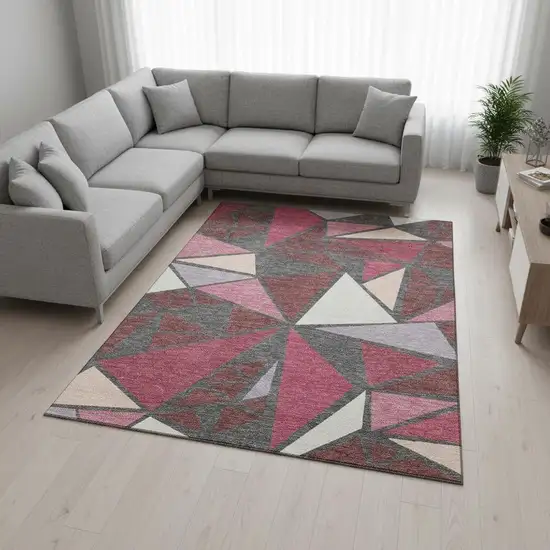 Burgundy Pink And Ivory Geometric Washable Area Rug With UV Protection Photo 2