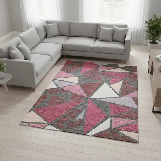 Burgundy Pink And Ivory Geometric Washable Area Rug With UV Protection Photo 2