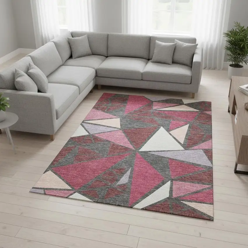 Burgundy Pink And Ivory Geometric Washable Area Rug With UV Protection Photo 2