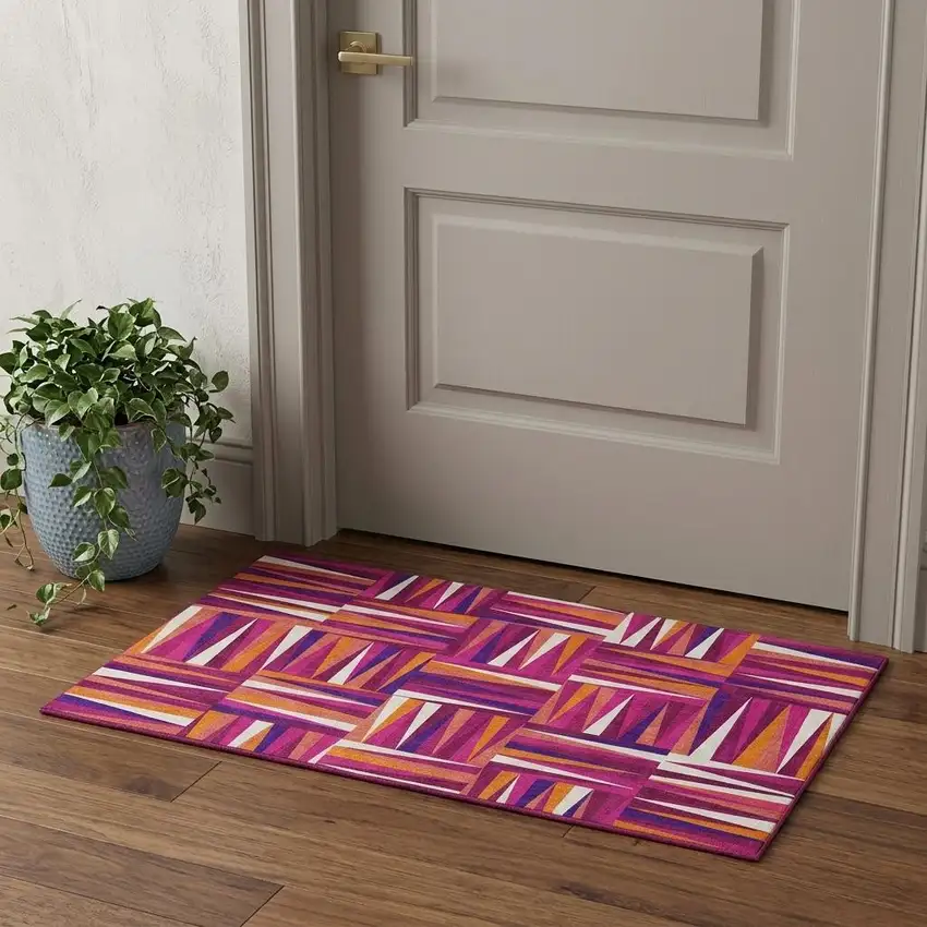 Burgundy Purple And Orange Geometric Washable Area Rug With UV Protection Photo 1