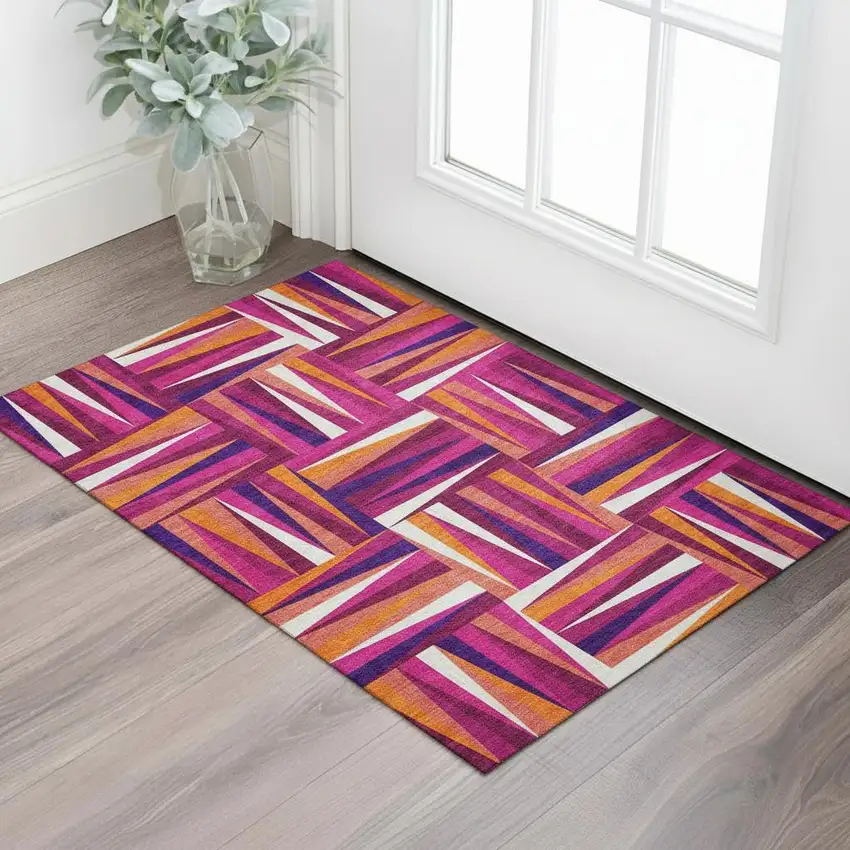 Burgundy Purple And Orange Geometric Washable Area Rug With UV Protection Photo 2