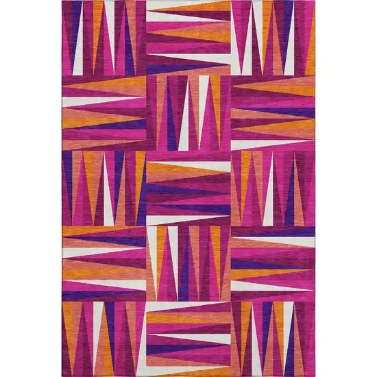 Burgundy Purple And Orange Geometric Washable Area Rug With UV Protection Photo 1