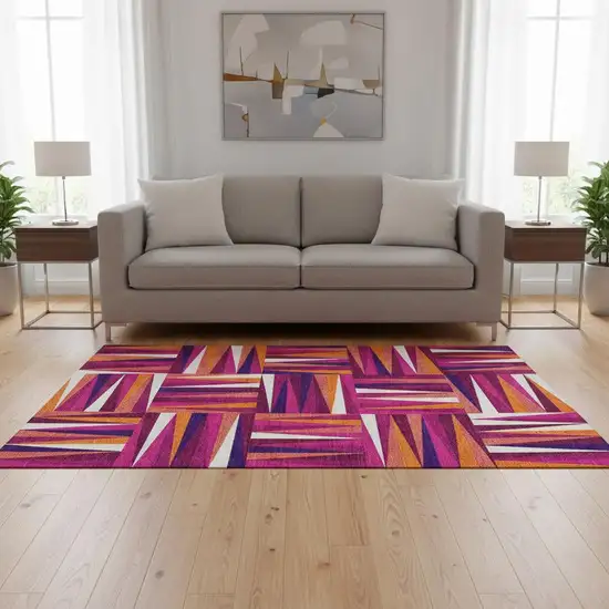 Burgundy Purple And Orange Geometric Washable Area Rug With UV Protection Photo 2