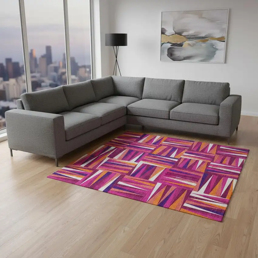 Burgundy Purple And Orange Geometric Washable Area Rug With UV Protection Photo 2