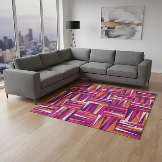 Burgundy Purple And Orange Geometric Washable Area Rug With UV Protection Photo 2