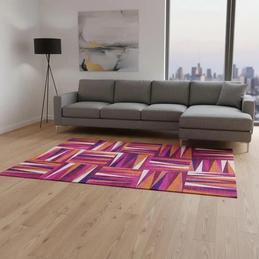 Burgundy Purple And Orange Geometric Washable Area Rug With UV Protection Photo 2