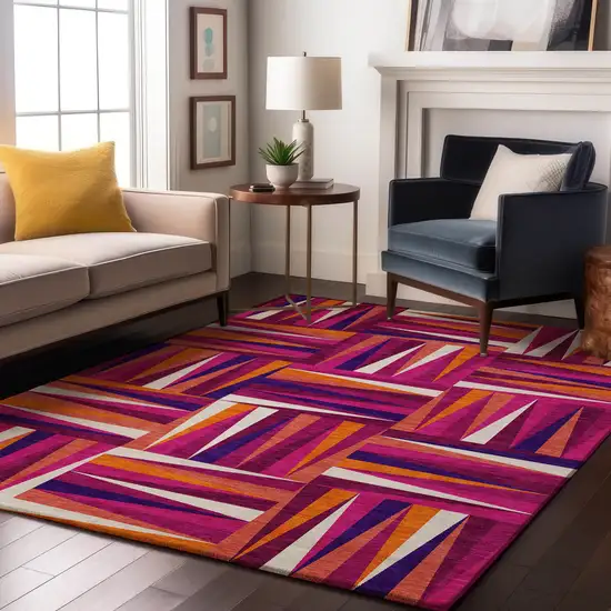 Burgundy Purple And Orange Geometric Washable Area Rug With UV Protection Photo 4