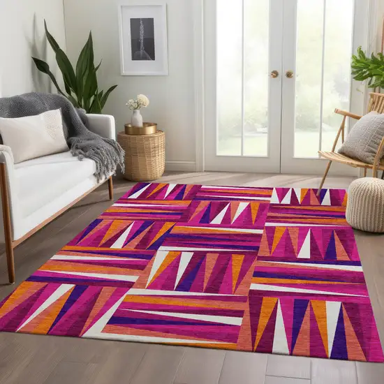 Burgundy Purple And Orange Geometric Washable Area Rug With UV Protection Photo 5