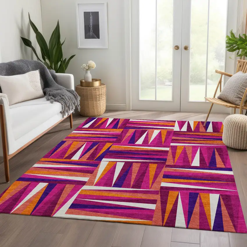 Burgundy Purple And Orange Geometric Washable Area Rug With UV Protection Photo 5