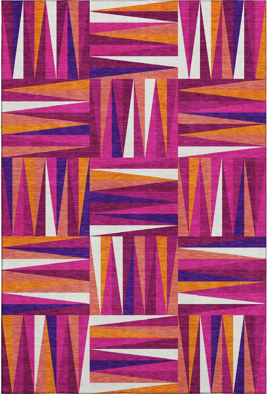 Burgundy Purple And Orange Geometric Washable Area Rug With UV Protection Photo 1