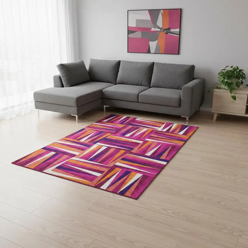 Burgundy Purple And Orange Geometric Washable Area Rug With UV Protection Photo 2