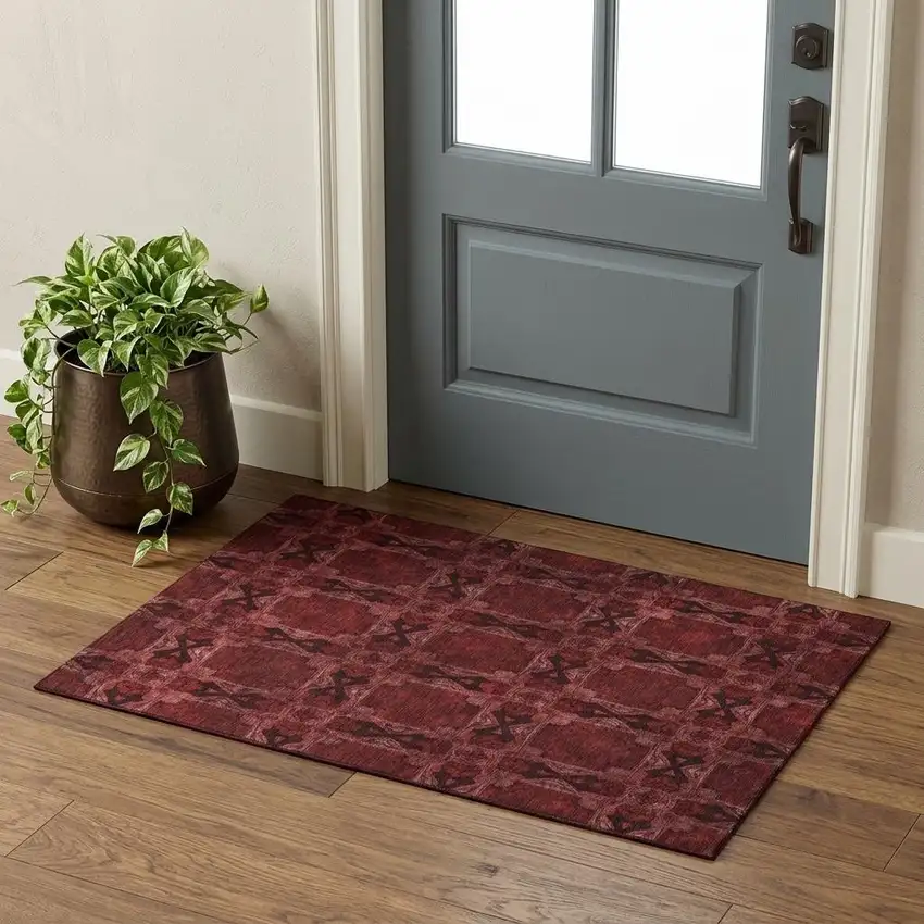 Burgundy Red And Gray Floral Medallion Washable Area Rug With UV Protection Photo 1