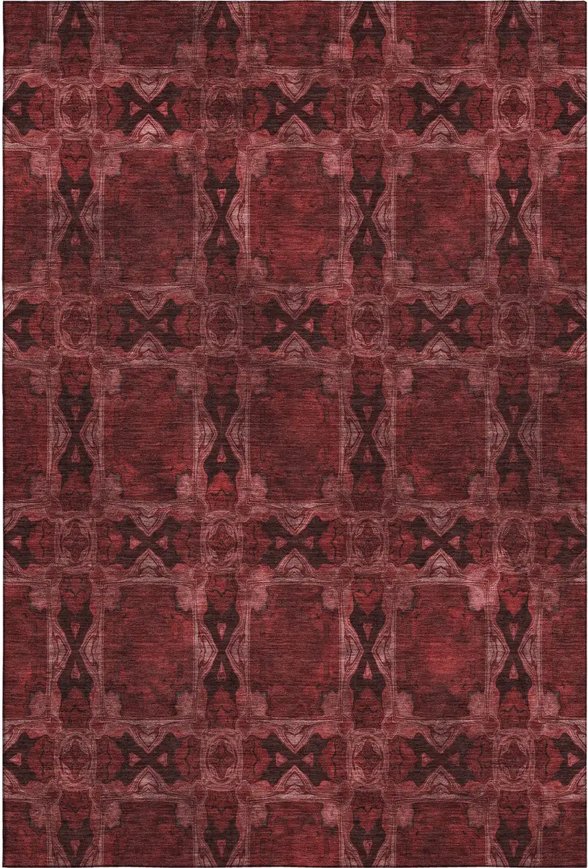 Burgundy Red And Gray Floral Medallion Washable Area Rug With UV Protection Photo 1