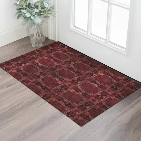Burgundy Red And Gray Floral Medallion Washable Area Rug With UV Protection Photo 1