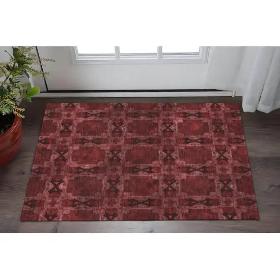 Burgundy Red And Gray Floral Medallion Washable Area Rug With UV Protection Photo 2