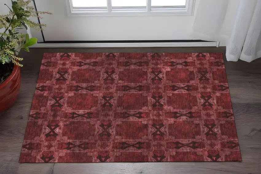 Burgundy Red And Gray Floral Medallion Washable Area Rug With UV Protection Photo 2