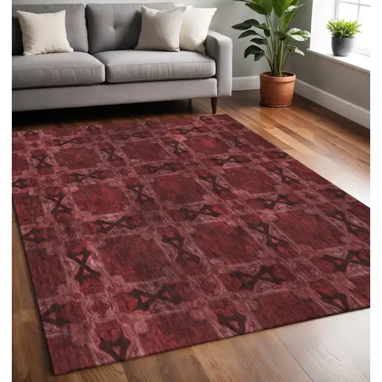 Burgundy Red And Gray Floral Medallion Washable Area Rug With UV Protection Photo 2