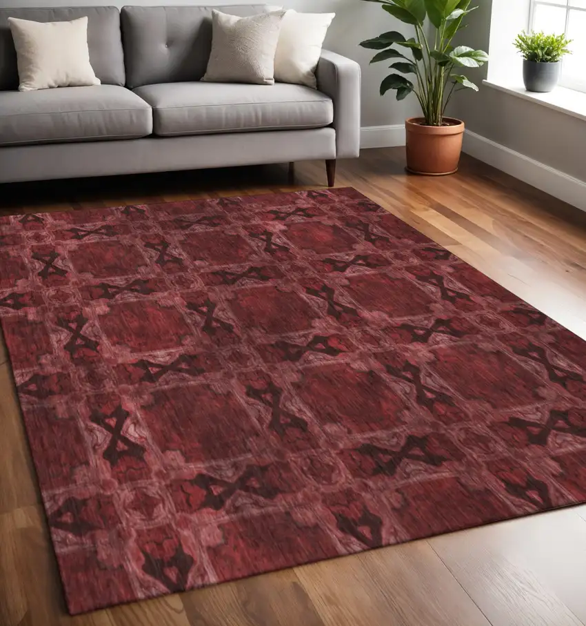 Burgundy Red And Gray Floral Medallion Washable Area Rug With UV Protection Photo 2