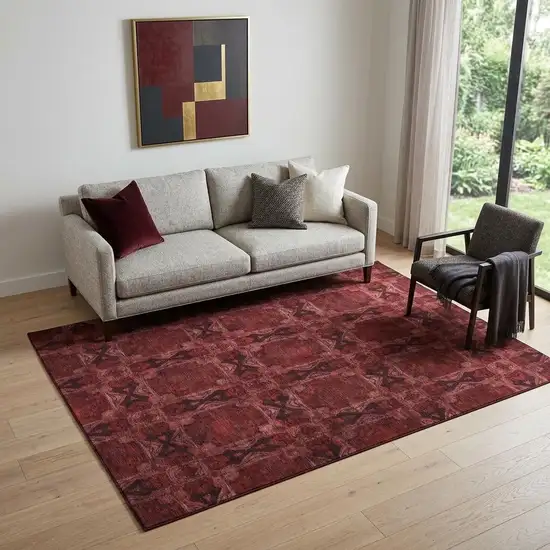 Burgundy Red And Gray Floral Medallion Washable Area Rug With UV Protection Photo 1