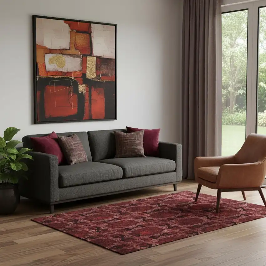 Burgundy Red And Gray Floral Medallion Washable Area Rug With UV Protection Photo 1