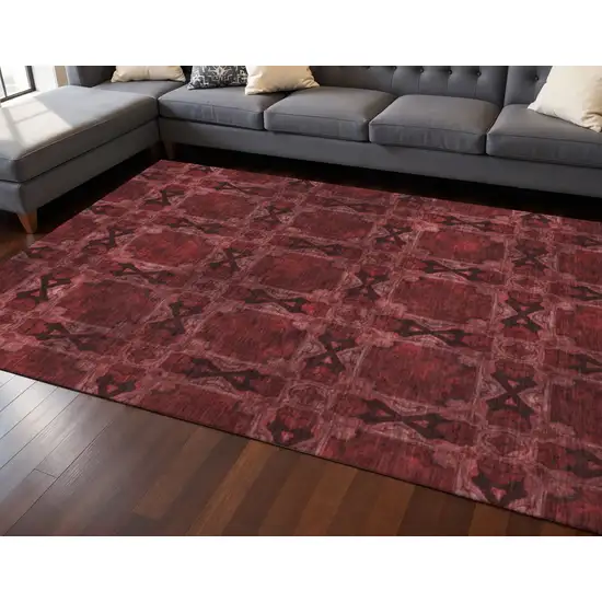 Burgundy Red And Gray Floral Medallion Washable Area Rug With UV Protection Photo 2