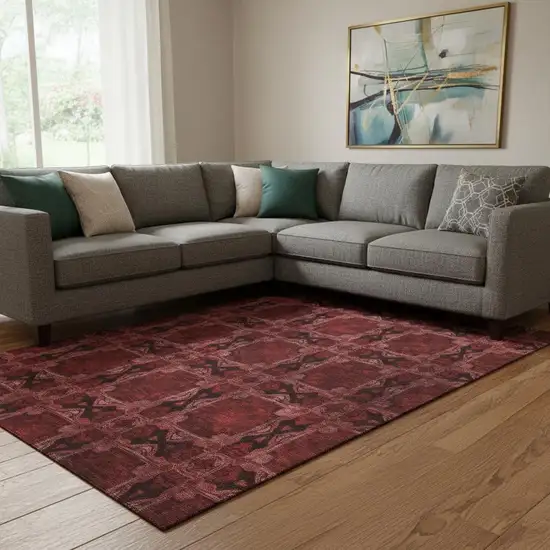 Burgundy Red And Gray Floral Medallion Washable Area Rug With UV Protection Photo 1