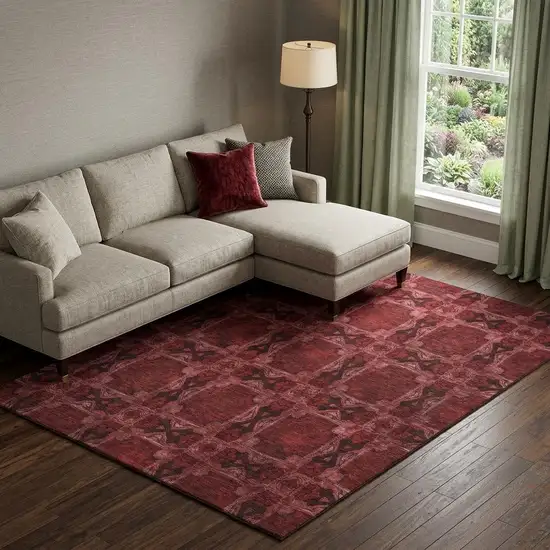 Burgundy Red And Gray Floral Medallion Washable Area Rug With UV Protection Photo 1