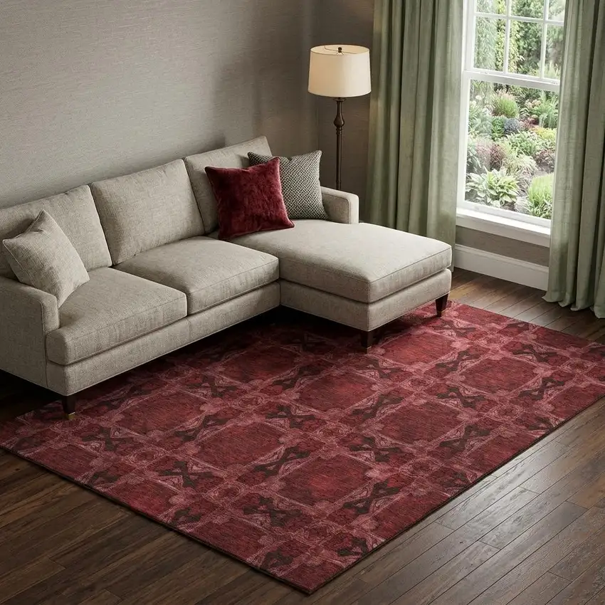 Burgundy Red And Gray Floral Medallion Washable Area Rug With UV Protection Photo 1