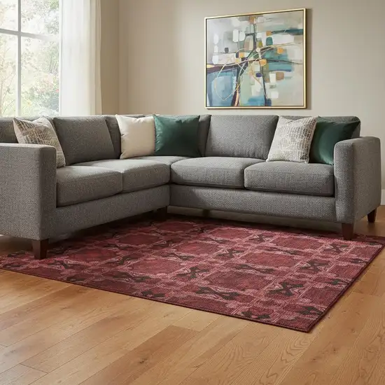 Burgundy Red And Gray Floral Medallion Washable Area Rug With UV Protection Photo 1