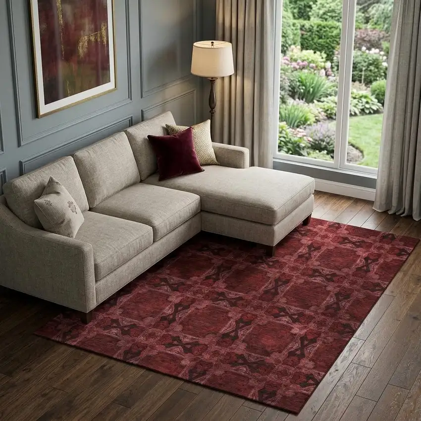 Burgundy Red And Gray Floral Medallion Washable Area Rug With UV Protection Photo 1