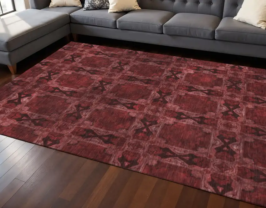 Burgundy Red And Gray Floral Medallion Washable Area Rug With UV Protection Photo 2
