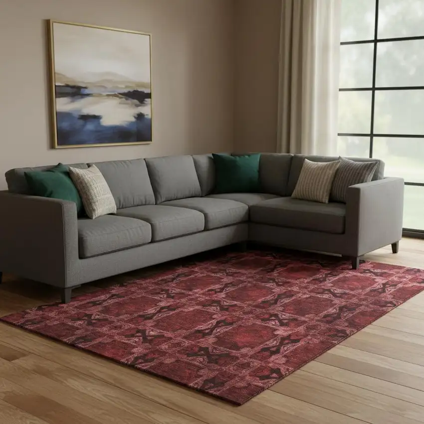 Burgundy Red And Gray Floral Medallion Washable Area Rug With UV Protection Photo 1