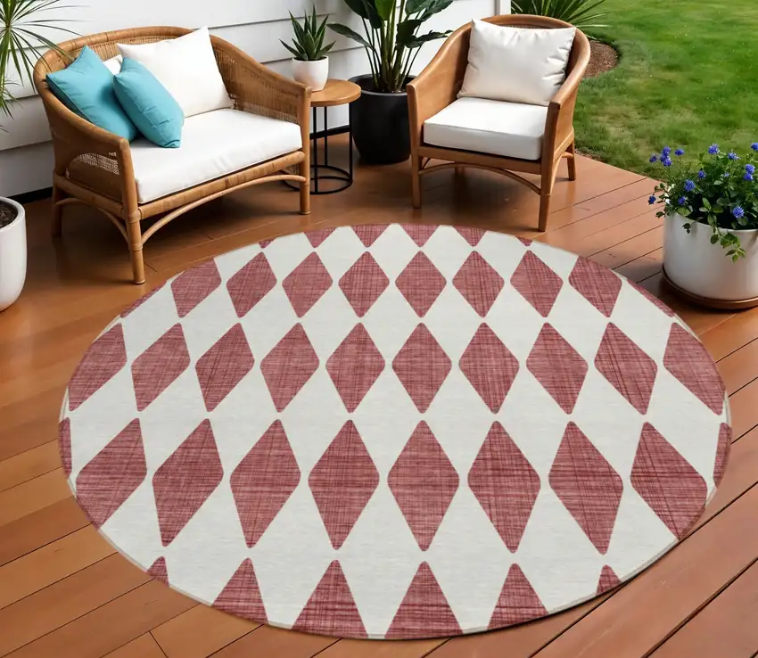 Burgundy Round Geometric Washable Non Skid Indoor Outdoor Area Rug Photo 1