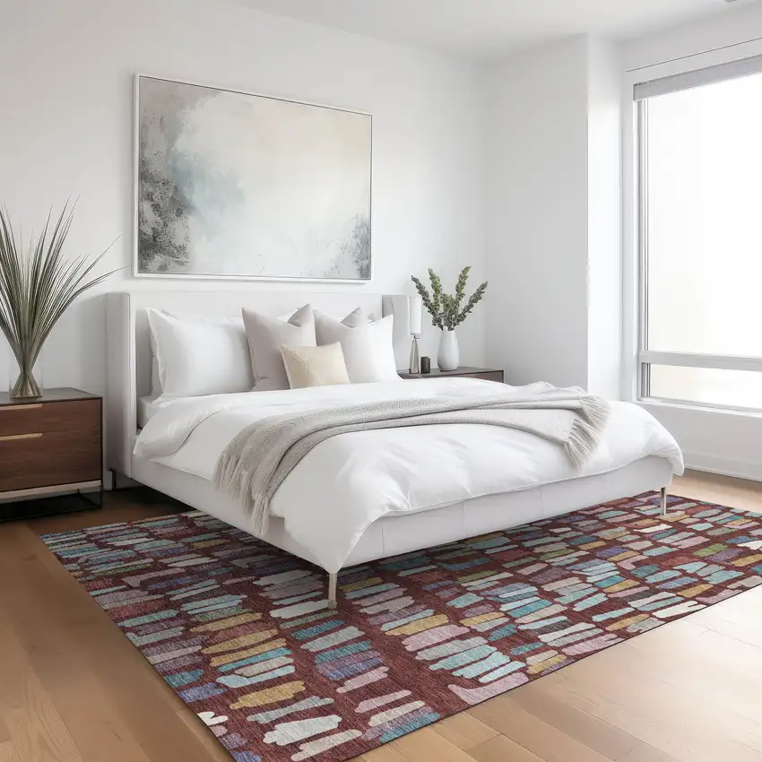 Burgundy Teal Blue And Green Striped Washable Indoor Outdoor Area Rug Photo 6