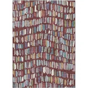 Photo of Burgundy Teal Blue And Green Striped Washable Indoor Outdoor Area Rug