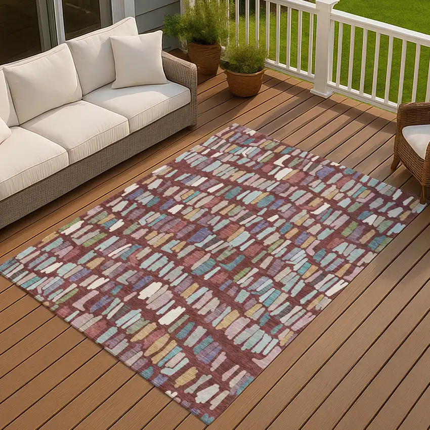 Burgundy Teal Blue And Green Striped Washable Indoor Outdoor Area Rug Photo 4