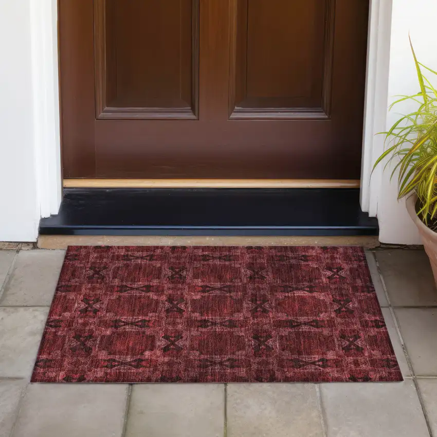 Burgundy and Black Floral Medallion Washable Non Skid Indoor Outdoor Area Rug Photo 8
