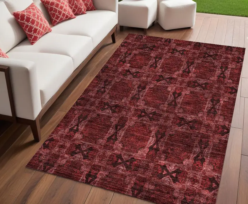 Burgundy and Black Floral Medallion Washable Non Skid Indoor Outdoor Area Rug Photo 1
