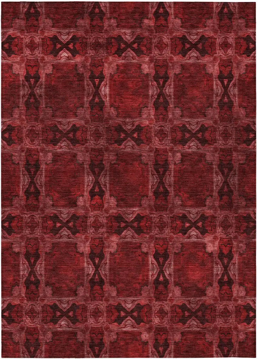 Burgundy and Black Floral Medallion Washable Non Skid Indoor Outdoor Area Rug Photo 2